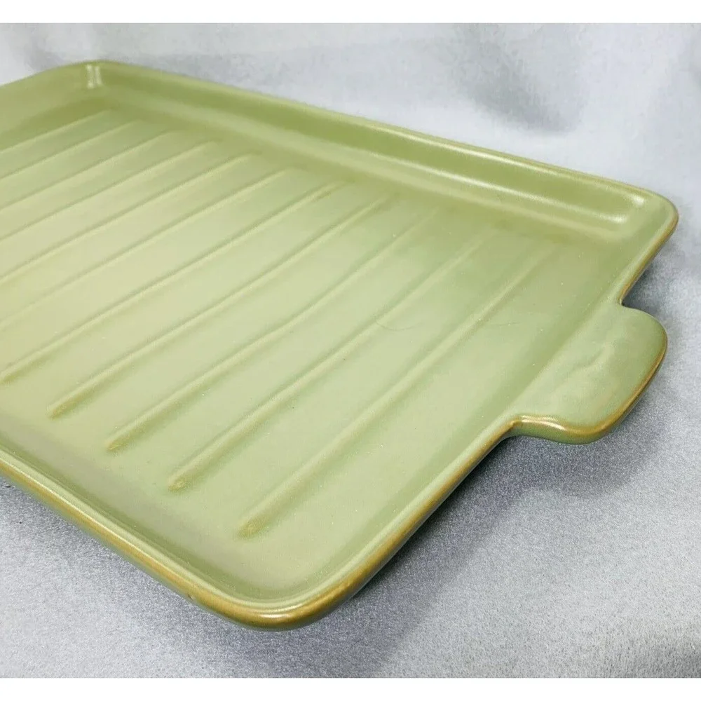 Longaberger Flameware SAGE Grill Pan Pottery Server Cookware 18" x 10" Green - Picture 13 of 14